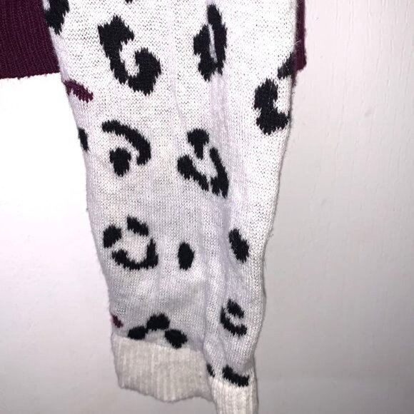 Leopard Print Color Block Knit Sweater Xl Burgundy Purple White Animal Print - Picture 7 of 8